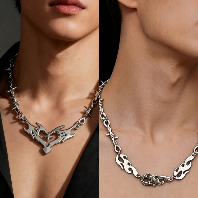 2Pcs Punk Necklace set with barbed wire flame heart-shaped pendant chain suitable for both men and women, neck jewelry