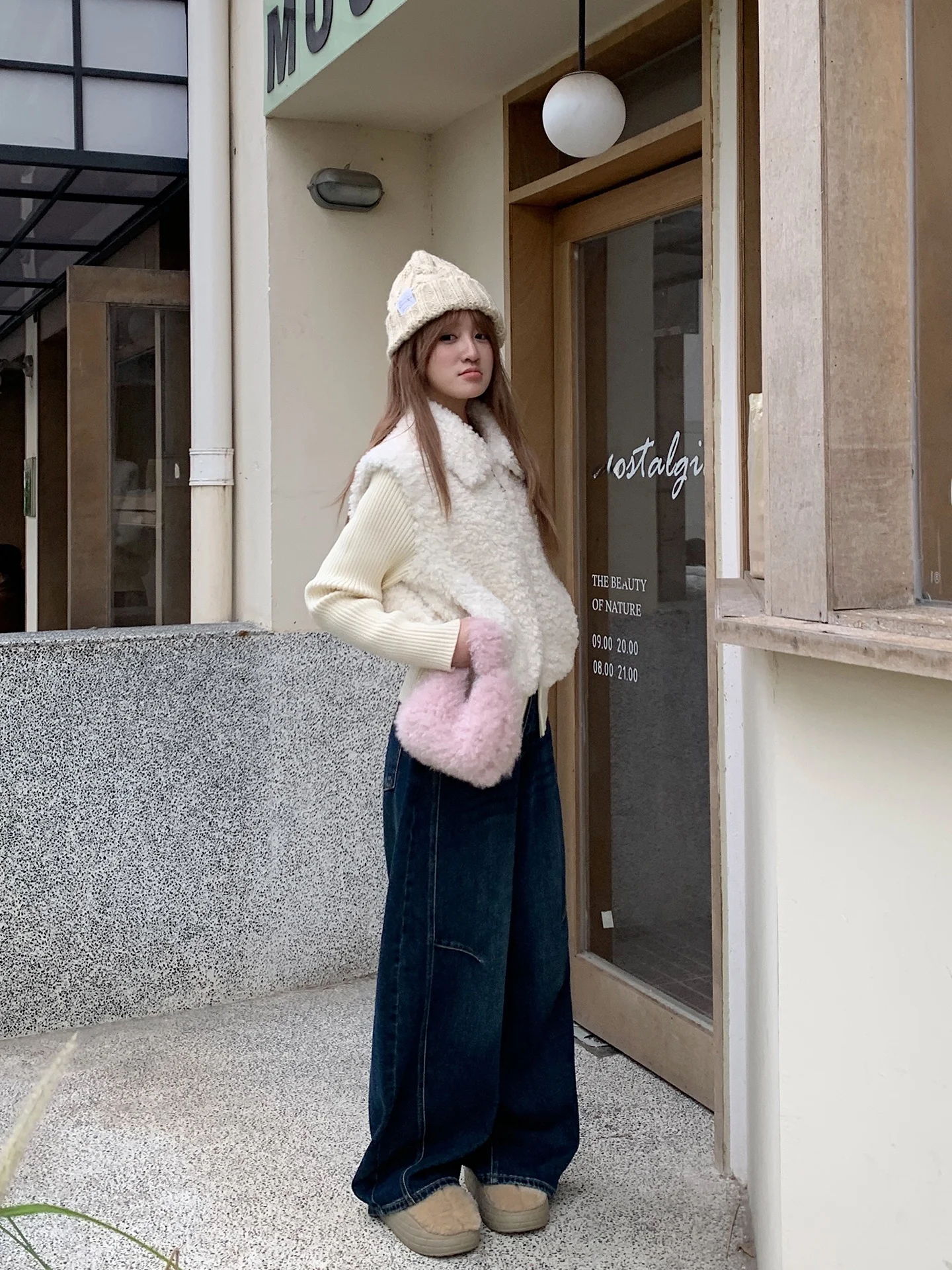 

Soloki Korean Sle Sweet Cute ort Knitted Sve Patchwork Lamb Fur Vest Jaet Ladies Warm Polyester Fiber Long Sve Zi...