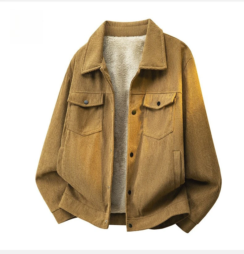 Winter-Fleece-Warme-Cordjacke für Herren, Revers-Cargojacke mit Innentasche, Arbeitsjacke mit Knöpfen, Dicker Grüner Mantel mit Taschen, Oberteile für Männer, S-4XL – Detail 11
