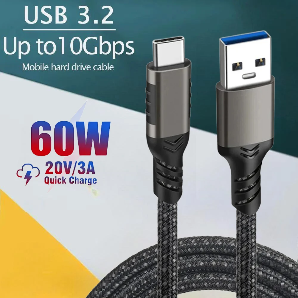 60W USB 3.2 Gen2 High Speed Cable 10Gbps Data Transmission Cord 3A USB A to C Fast Charging Cable for Samsung Hard Disk External