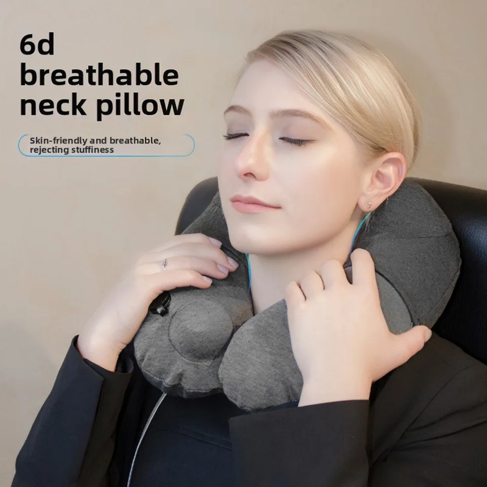 Inflatable Flocked Fibre Travel Pillow Travel Drive Camping Neck U Pillow Blow Up Comfortable Design For Neck Support Air Pillow