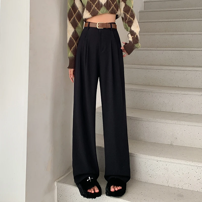 

2024 Autumn New Women's Fashion High Waist slimming straight leg casual floor length wide leg pants