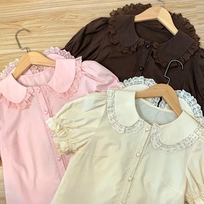 Sommer Japanische Kawaii Lolita Shirts Frauen Süße Puff Kurzarm Spitze Rüschen Schlank Blusen Mädchen Nette Y2k Kleidung Tops Blusas
