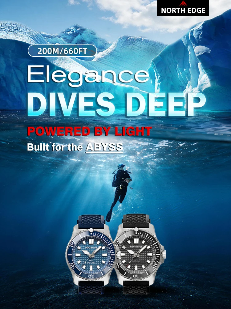 NORTH EDGE ABYSS Herren Quarzuhr Solarbetriebene Luxusuhr 200M Wasserdichte Taucheruhr 316L Stahlgehäuse 180+ Tage Energievorrat