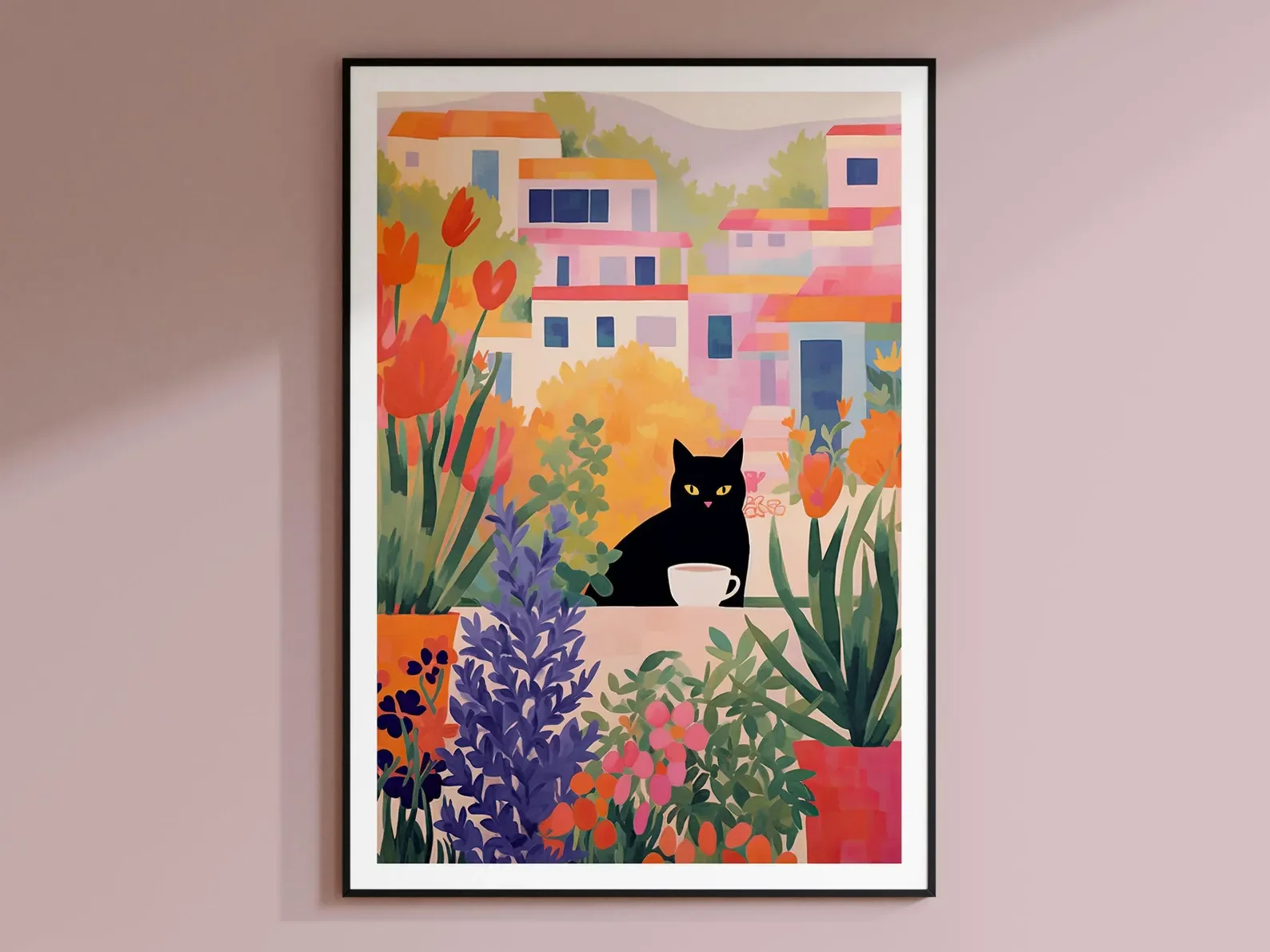 Blumen-Kunstdruck, Kaffee-Katze-Poster, Katze, Illustration, Spanien, Katze, Kunst, Geschenke für Katzenliebhaber, Katzen-Kunstdruck, Bla