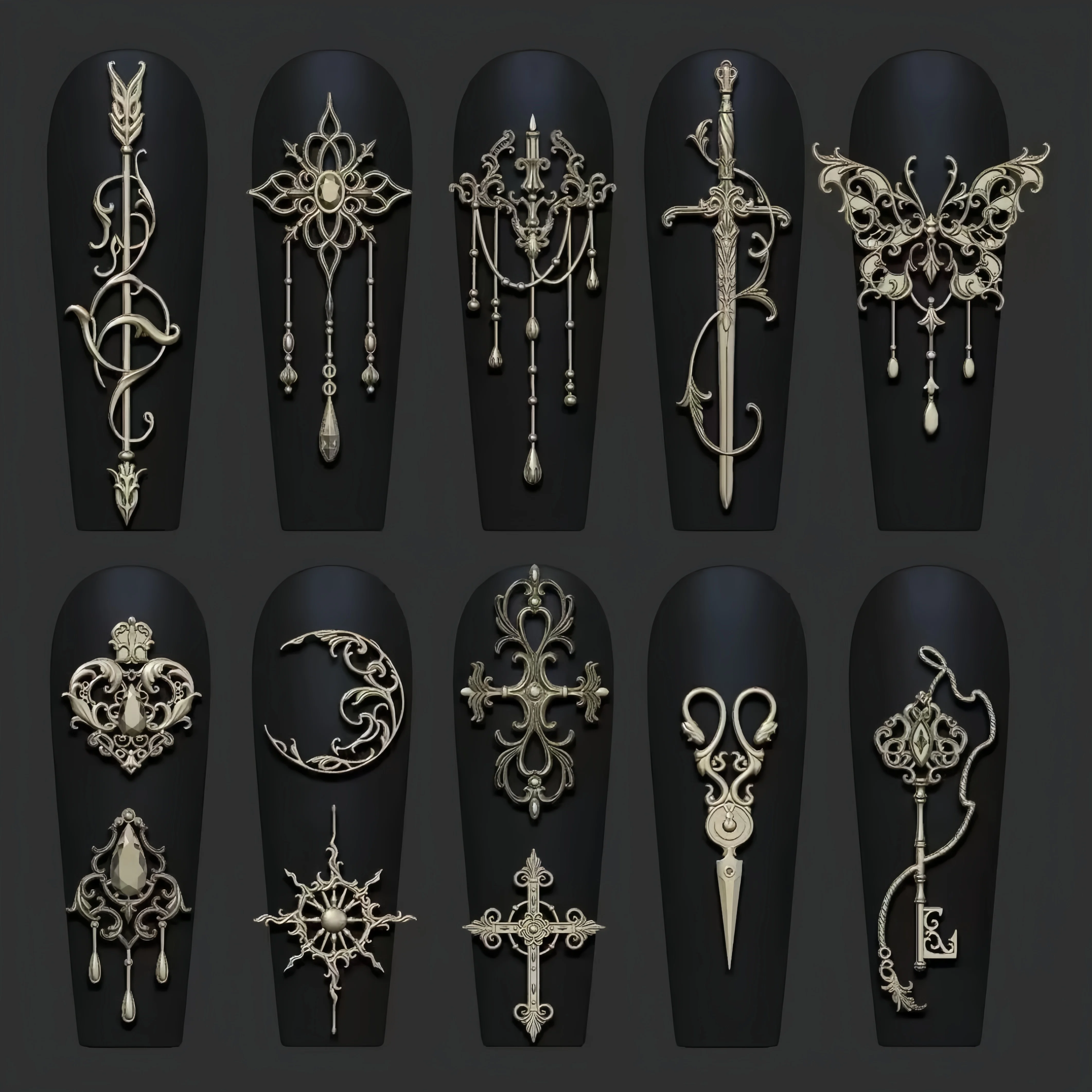 Gothic Vintage Metal‑Texture Nail Art Charms Sword Cross Butterfly Key Moon‑Shaped 3D Alloy Decorations For Long Coffin Nails Ornament view 4