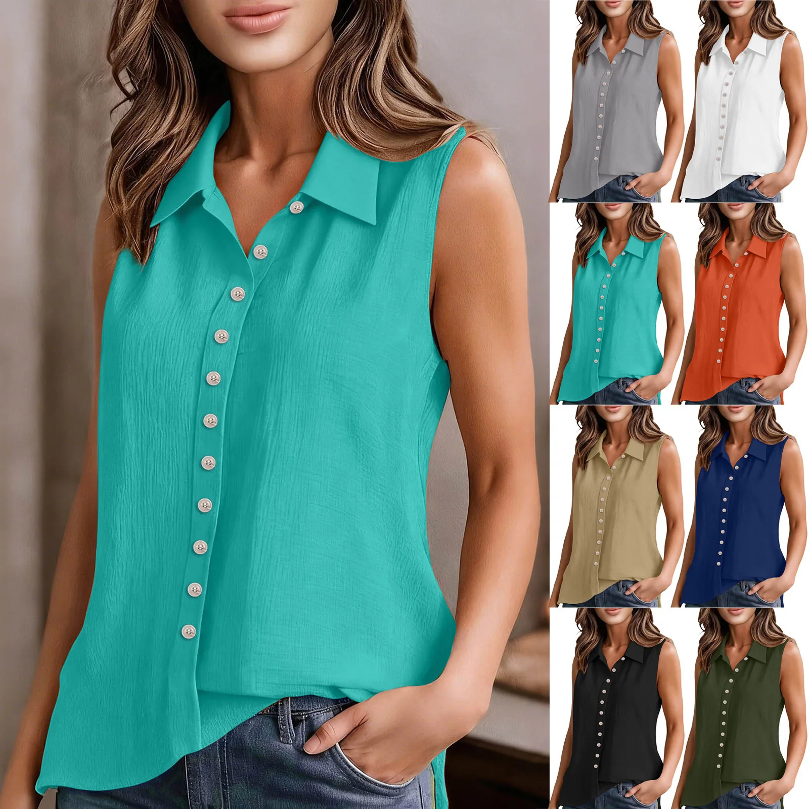 

Женская шифоновая блузка без рукавов с пуговицами на воротнике, летняя, для европейского и американского рынков