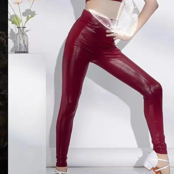 Glossy Shiny Wine Women Yoga Leggings Plus Size High Waist Leggings Workout Pants for Gym Tight Bottoms