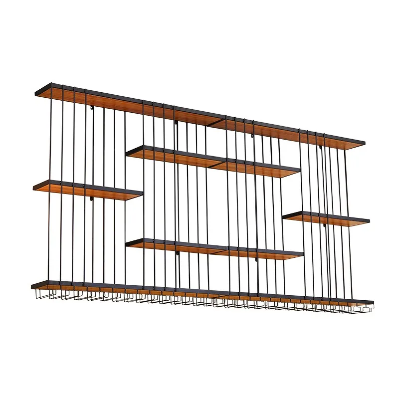 Bar wall-mounted industrial wind rack, wrought iron solid wood wine cabinet