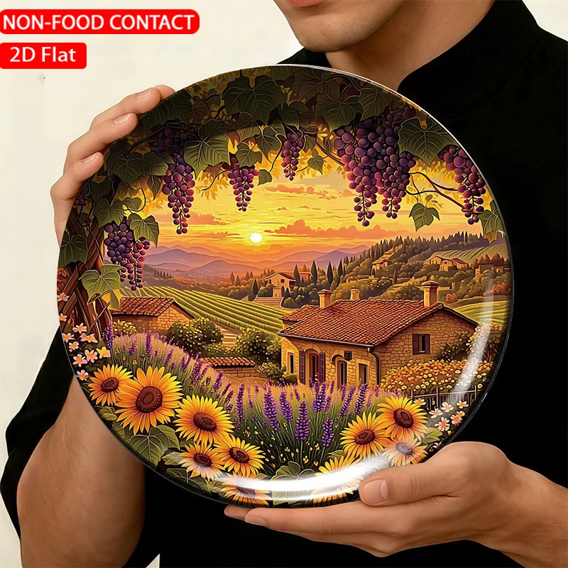 1pc Ceramic Decorative Plate, Sunset Vineyard Landscape Art Decorations, Wall Home Decor- for Decorative Purposes Only,