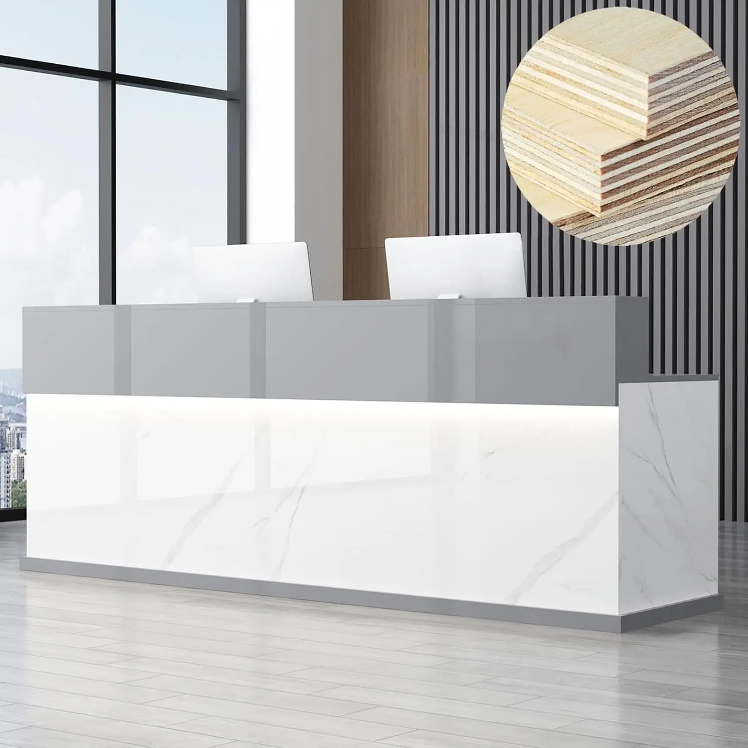 Modern Reception Desk with Counter, 63" Solid Wood Front Desk with Lockable Drawers/Cabinets/LED Light Strip.