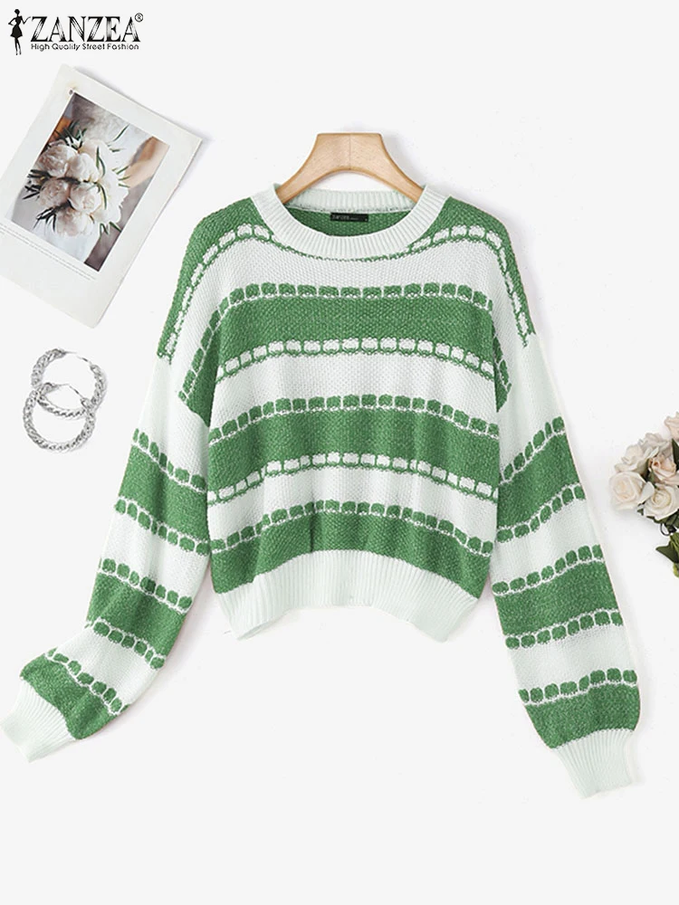 

ZANZEA 2022, осенний уютный вязаный пуловер, свитера, женские повседневные джемперы с круглым вырезом и длинными рукавами, женская одежда, контрастные полоски
