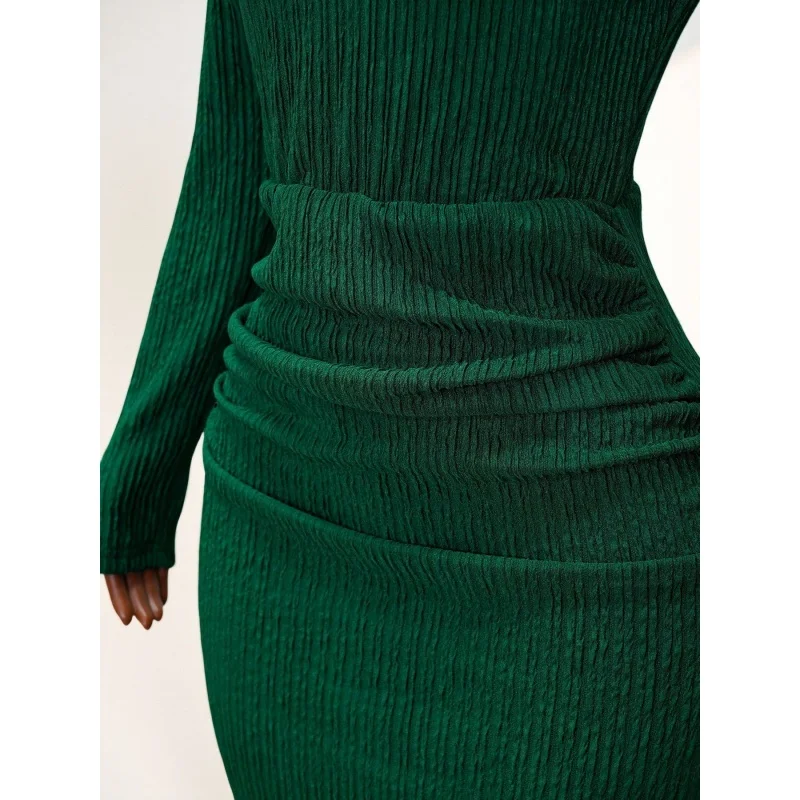 Damen-Midikleid mit schulterfreiem Schnitt, langen Ärmeln, figurbetontem Schnitt, strukturierter Strickoptik, geraffter Taille, seitlichem Kordelzug, schmaler Passform, für Partys und Abendveranstaltungen, Dropshipping – Detail 9