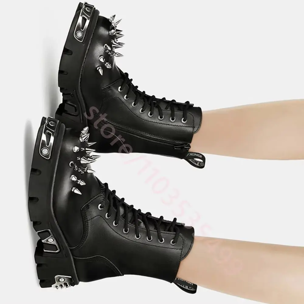 

Black Metal Rivet Lace-Up Ankle Boots 2025 Autumn New Street Punk Rock Chunky Heel Motorcycle Boots Fashion Sports Casual Boots
