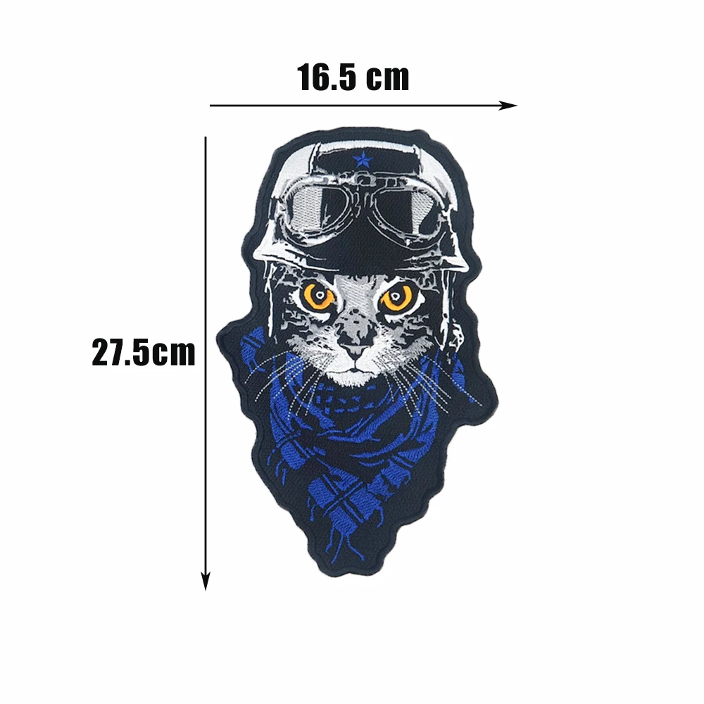 Red Blue Kitty Embroidery Patches Pilot Cat Large Size Biker Back Applique Iron on Motorcycle Jacket Vest DIY Punk Accessory