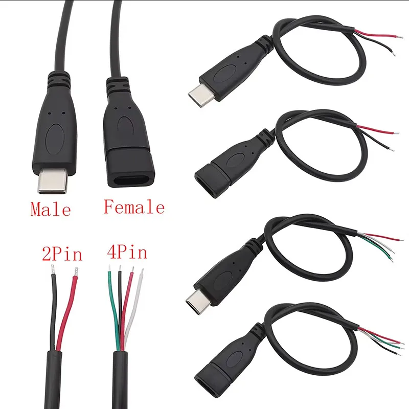 USB Type C 1/2m Male Female  2 Pin 4 Pin Wire Power to Bare Open End Charging Cable Plug Extension Connector B3