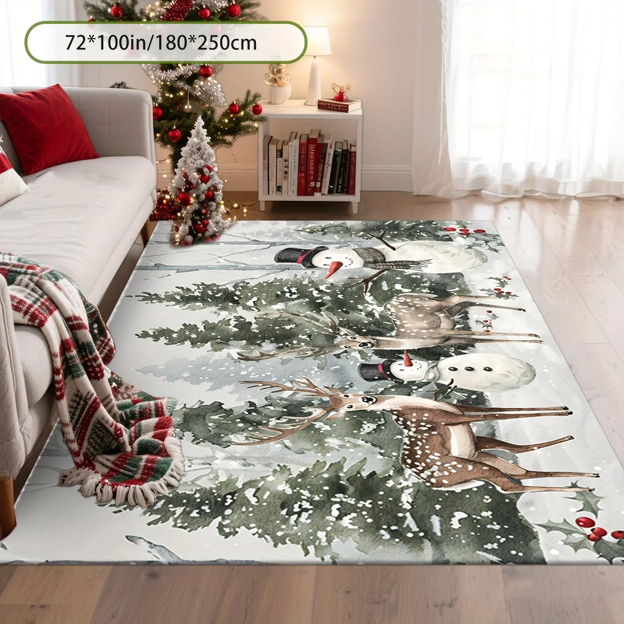 1pc 2D Watercolor Christmas Rug with Snowman, Deer & Pine Tree, Festive Home Decor Mat for Living Room, Bedroom