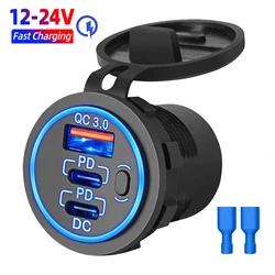 12V USB Car Charger Socket Dual 30W PD USB-C and 18W QC3.0 Port Car Charger Accessories for Car RV Boat Marine Truck Motorcycle