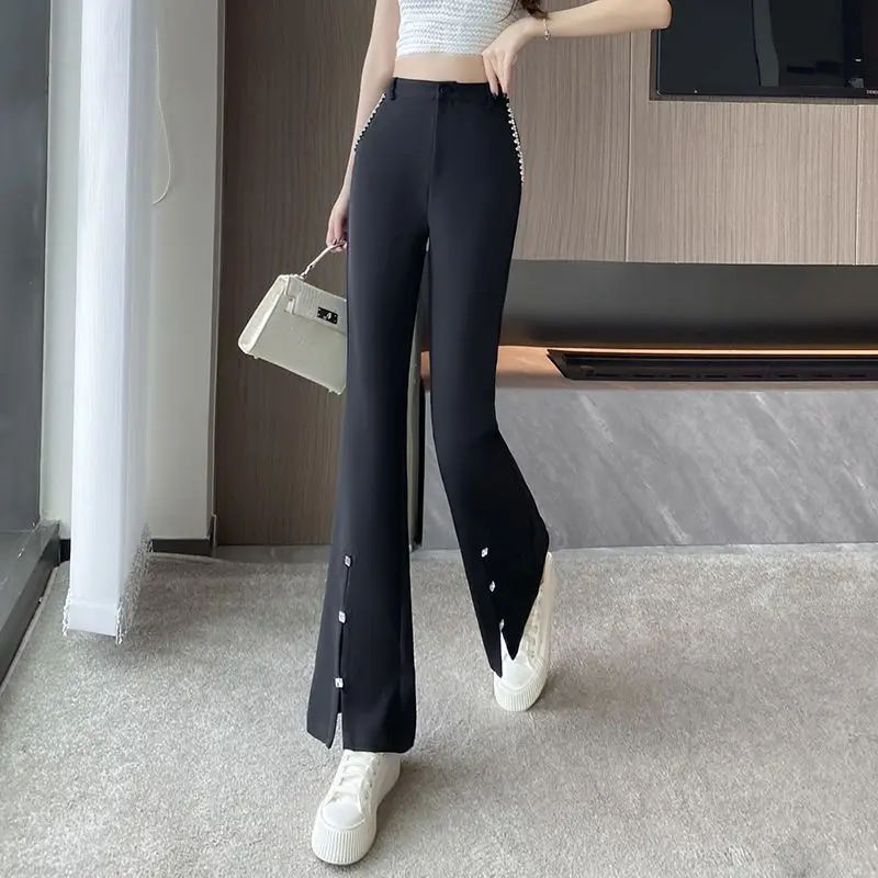 Newly Designed Fashionable Nail Bead Slit High Waisted Slimming Suit Pants with a Drooping Sensation and a Slightly Flared