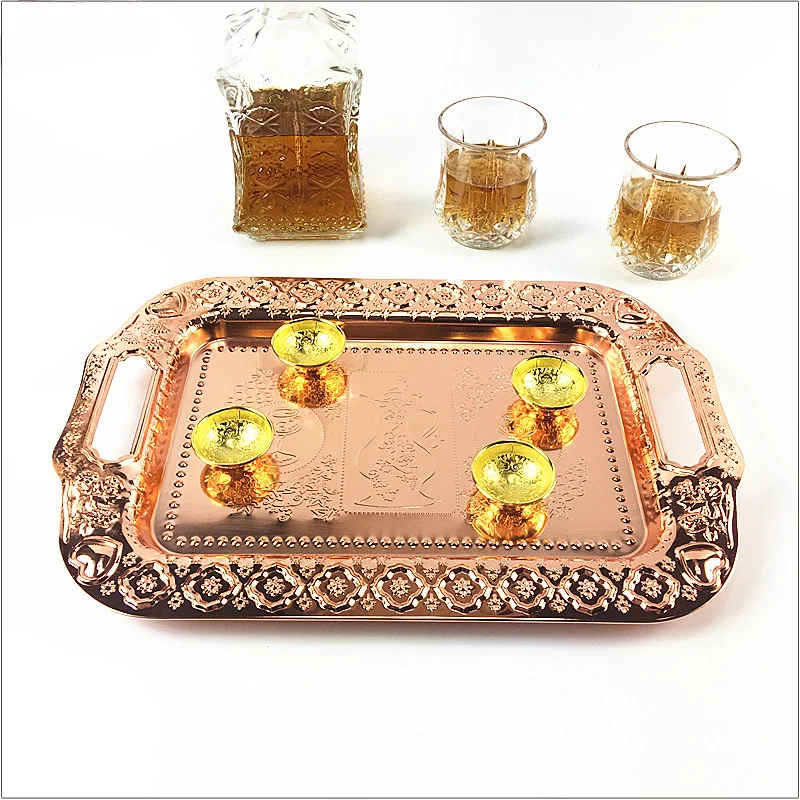 Guangzhou hadi wholesale hotel and restaurant supply cheaper copper rose gold elegant middle east serving tray for tea