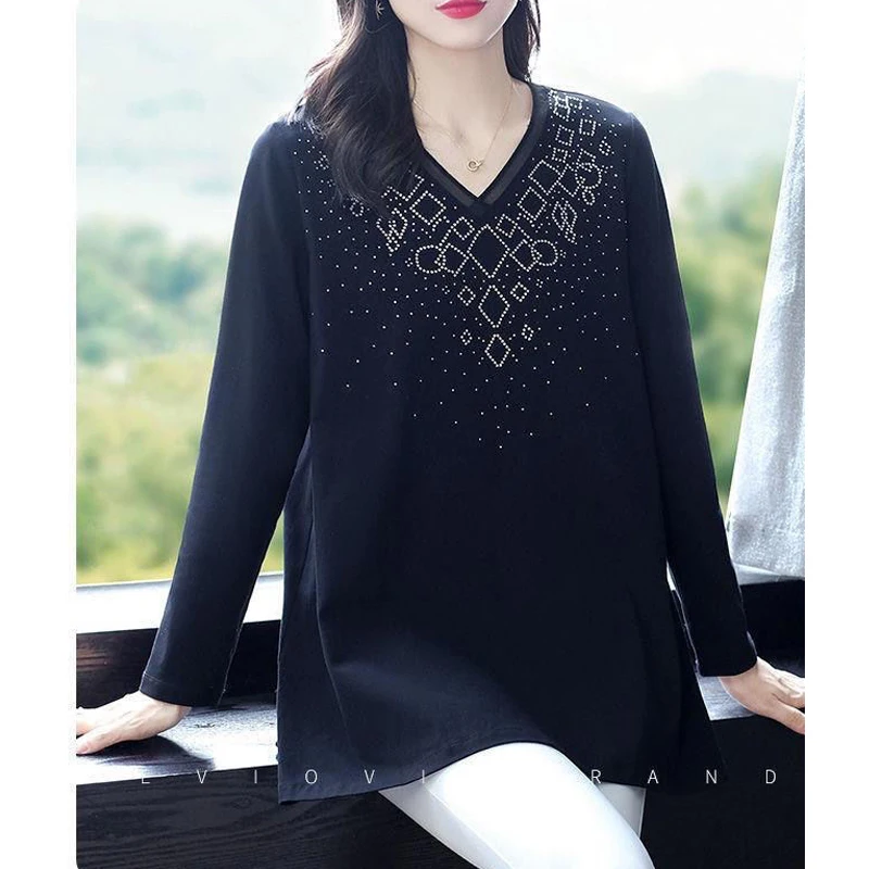 Women Korean Fashion Elegant Rhinestone Oversize Cotton T Shirt Spring Autumn Casual V Neck Long Sleeve Tunic Tops Ropa De Mujer