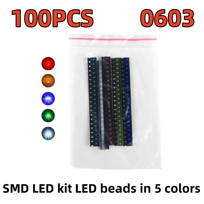 100PCS 5values * 20PCS 0603 SMD LED kit LED beads in 5 colors:  red, yellow, blue, green, white light