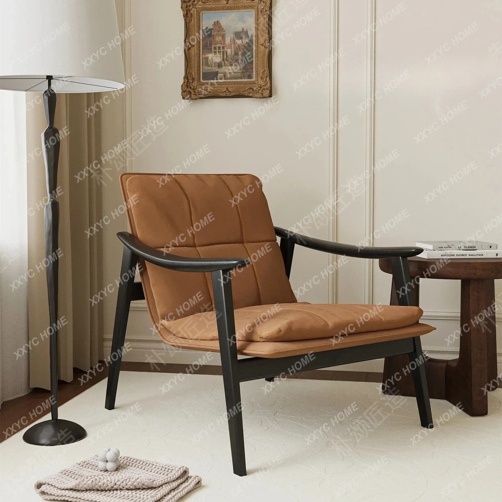 A Nordic style leisure chair Nordic single chair Living room single sofa Solid wood ecological leather armchair Back chair