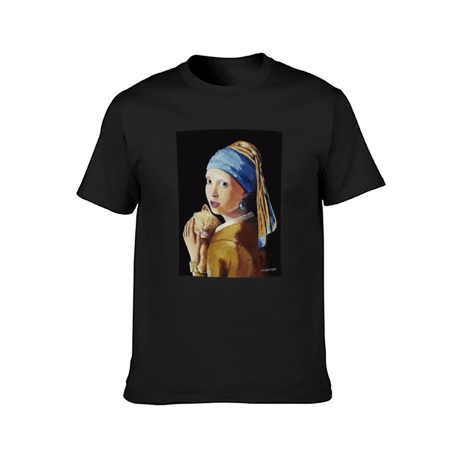 Girl with a pearl earring and a cat T-Shirt oversizeds vintage sublime hippie clothes t shirts for men