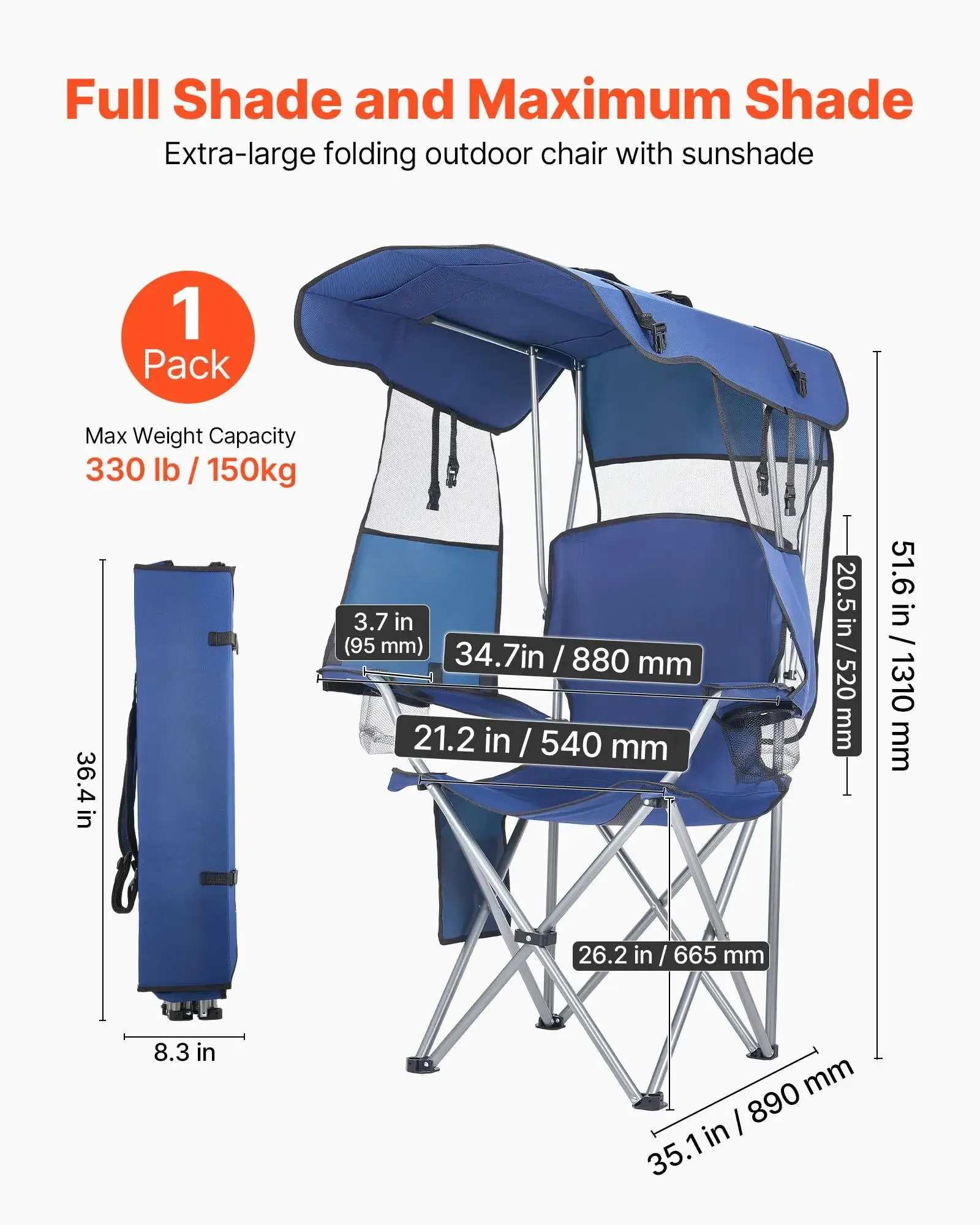 Portable Folding Outdoor Camping Chair with Sunshade Canopy Heavy Duty 330lb Capacity Oxford Fabric Foldable Backpack Beach Chair Collapsible Fishing Picnic Travel Seat for Adults