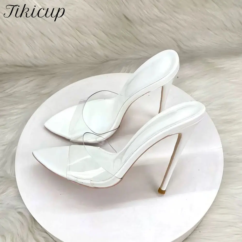 Tikicup New Arrival Slip‑on Women Stiletto Mule Sandals,White PVC Transparent 10CM 12CM High HeelsParty Wedding Club Evening