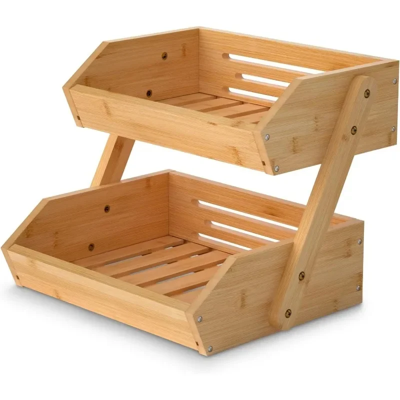 

2-Tier Bamboo Fruit and Vegetable Storage Stand, Kitchen Countertop Produce Basket for Fruits and Veggies