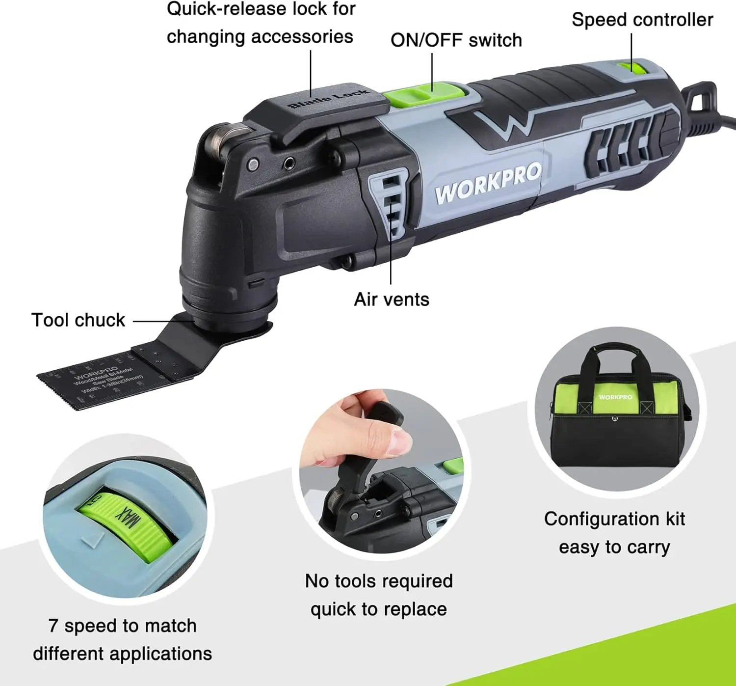 3.0 Amp Corded Oscillating Multi-Tool Kit with 7 Speeds, 17 Accessories & Bag for DIY Projects