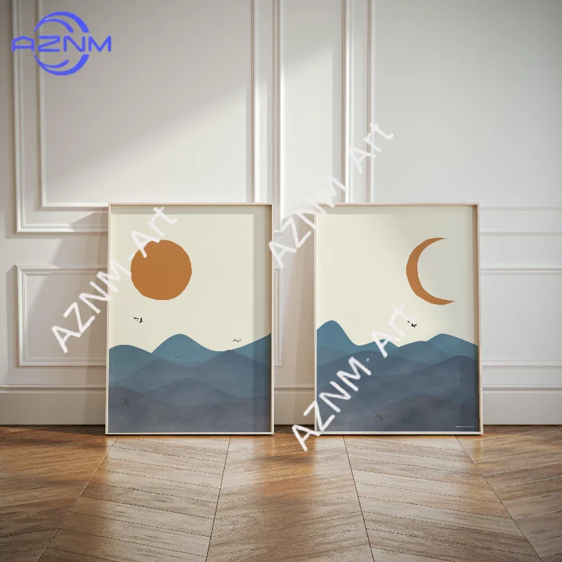 1/2 Stück Blaue Berge Sonne Mond Landschaft |    Mid-Century Modern Wandkunst |   Abstrakte Natur Moderne Diptychon-Poster