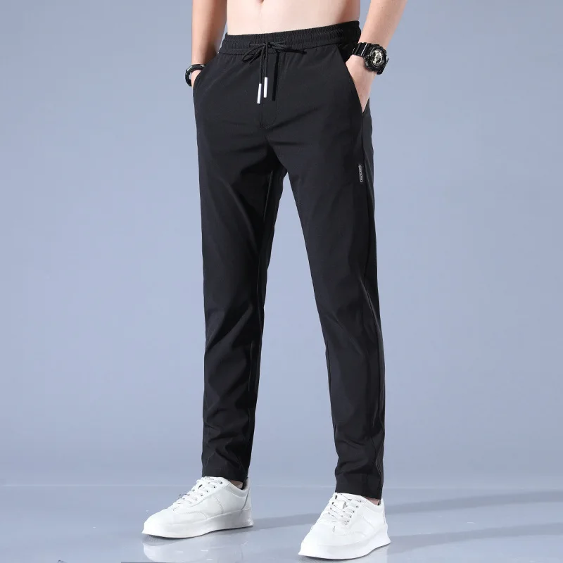 Ice Silk Men's Pants 2024 Summer New Black Gray Thin Business Casual Pants Outdoor Elastic Breathable Straight Leg Sweatpants