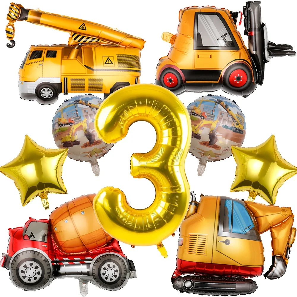 1 Set Technik-Thema Bagger Gabelstapler Kran Ballons Goldene Zahlenballons 1-9 für Babyparty Jungen Geburtstagsfeier Dekorationen – Detail 4