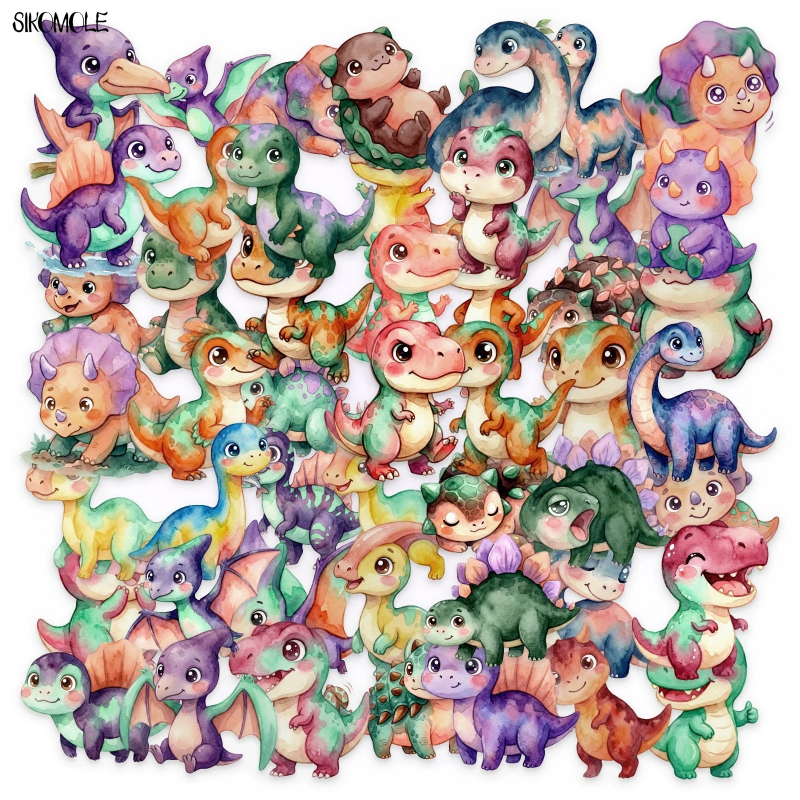 

50pcs Transparent PET Cartoon Watercolor Dinosaur Stickers Handbooks Tablets Phone Water Cup Decor Stationary Notebook Sticker