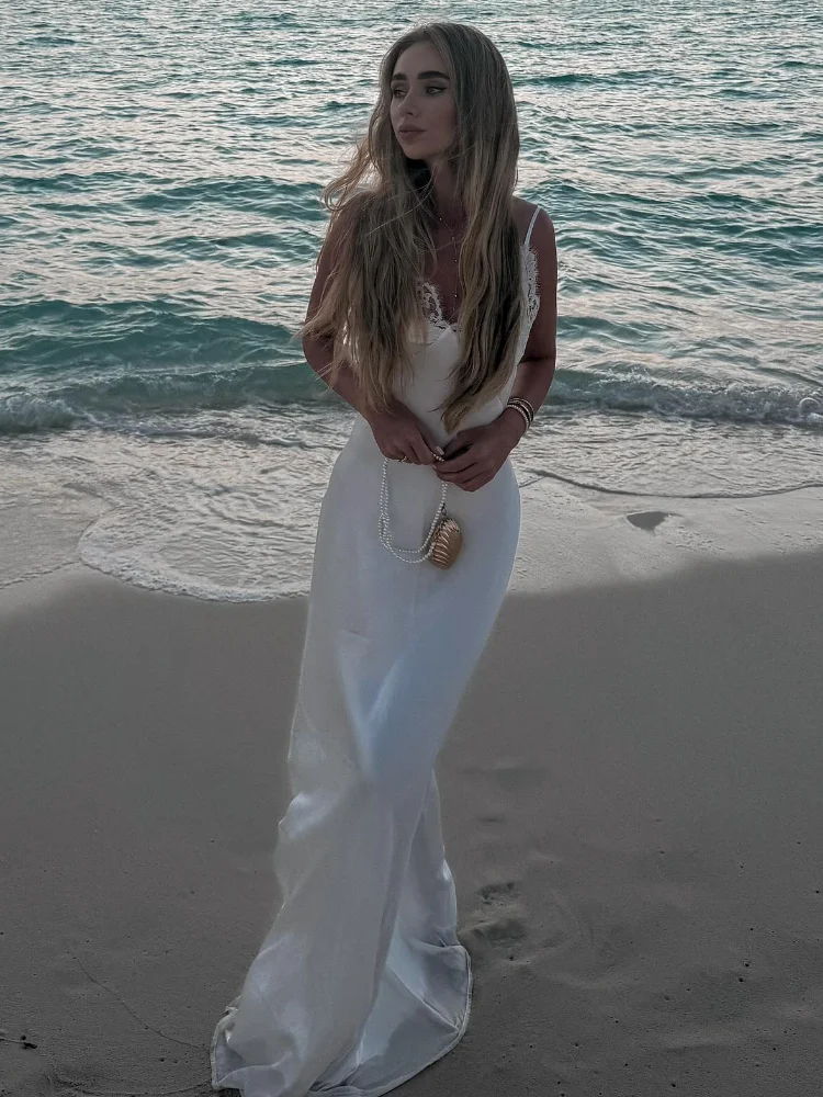 

Sexy Women V-neck Satin Sling Maxi Dress Chic White Lace Patchwork Sleeveless Backless Slim Gowns Spring Evening Party Dresses