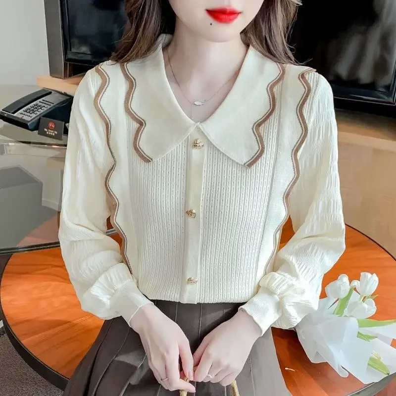 

Spring Autumn New Doll Collar Long Sleeve Fashion Sweater Women High Street Casual Contrast Color Button Patchwork Pullovers