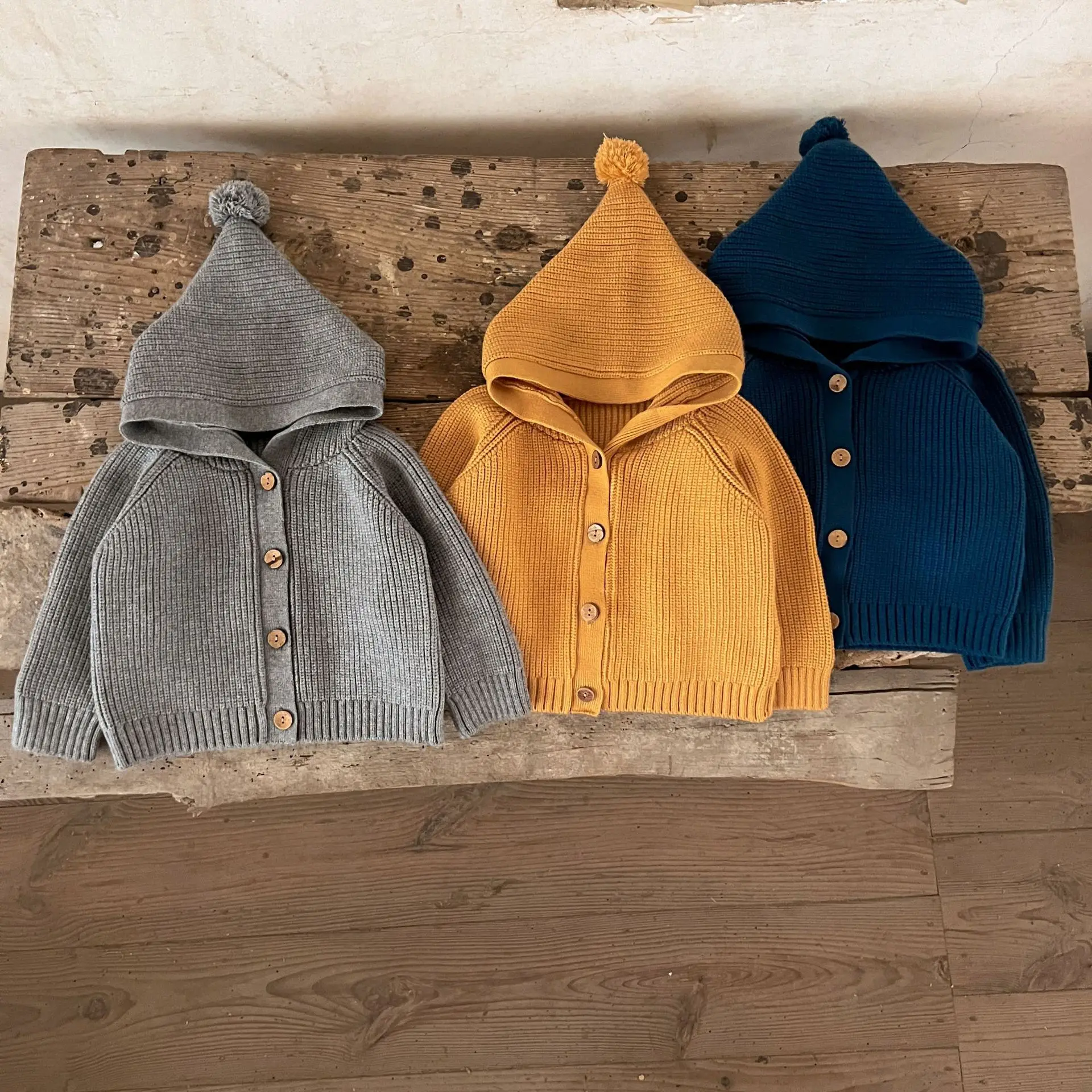 Hooded Knit Cardigans Pom Pom Cozy Baby Cotton Sweater Unisex Infant Autumn Winter Cable Knitwear