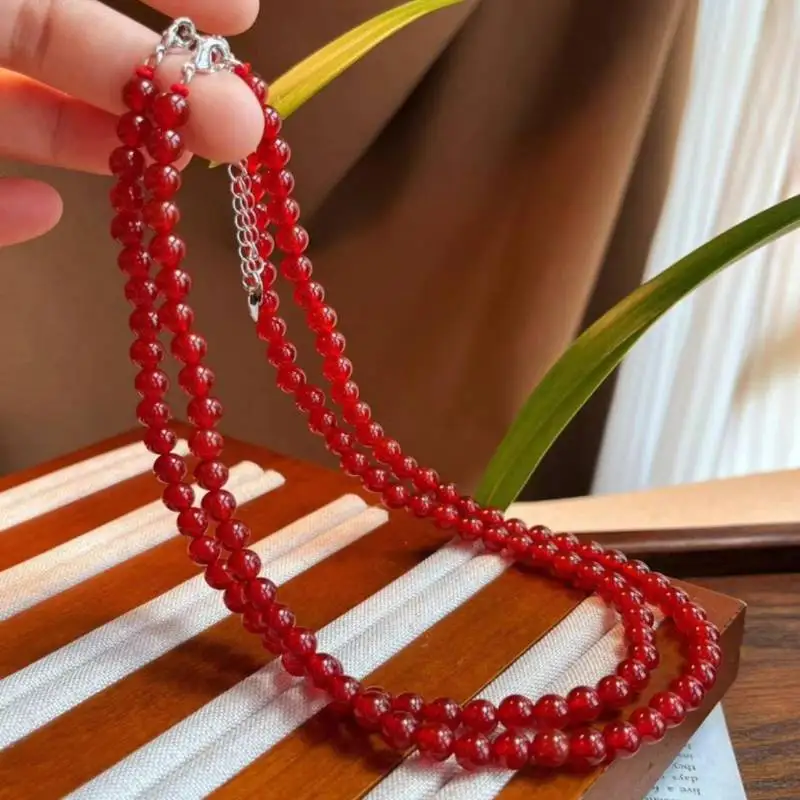 Handmade 6 mm Red Agate Bead Necklace 18 inches Cuff Lucky Fancy Chain Dark Matter Pray Glowing Relief National Style