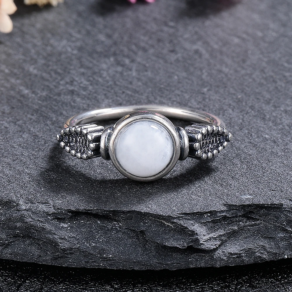 925 Sterling Silver Jewelry Ring Round Natural Moonstone Stone Vintage Ring For Women Party Gifts