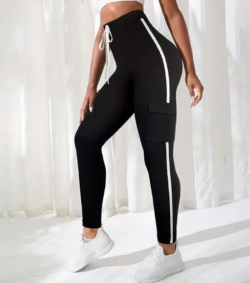 Pantalon de sport serré taille haute pour femmes, poches à la mode et à la mode, pantalon serré de neuf pouces, blocage de couleur