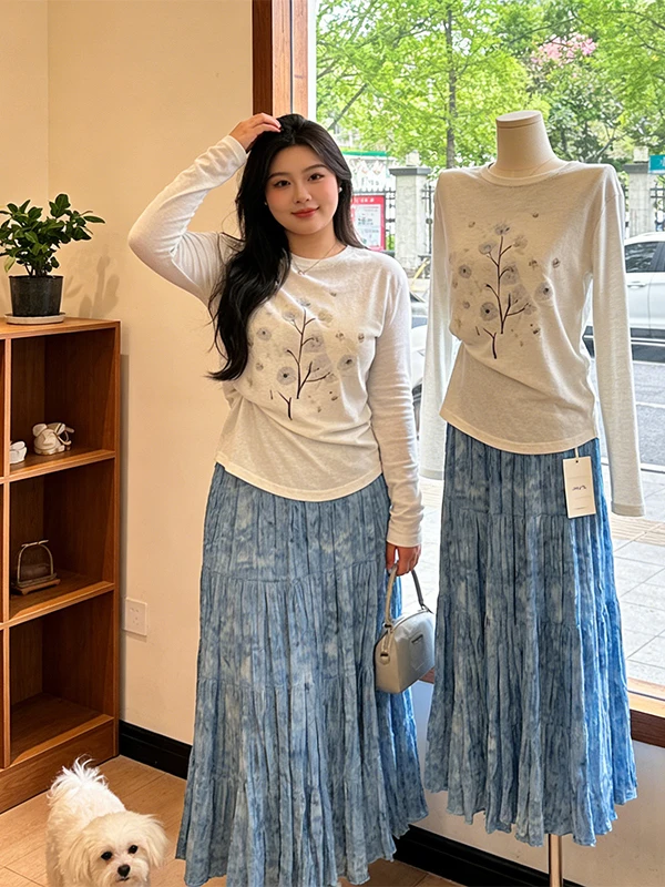 

Large Size Spring Fashion Floral Print Long Sleeve round Neck Half Body Skirt Two-Piece Set Elegant Commuter Style Women's Wear