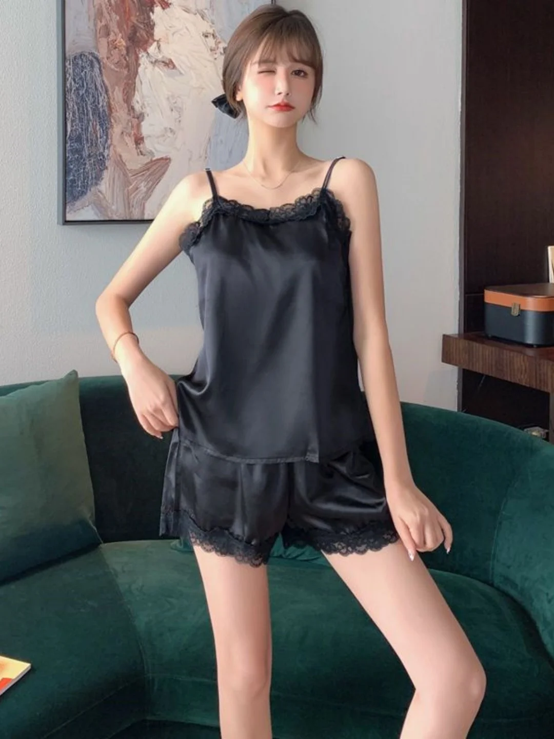 

Sexy Large Size Ice Silk Lace Trim Camisole Shorts Home Wear Thin Pure Desire Summer Outfit Set for Young Women Home Leisure