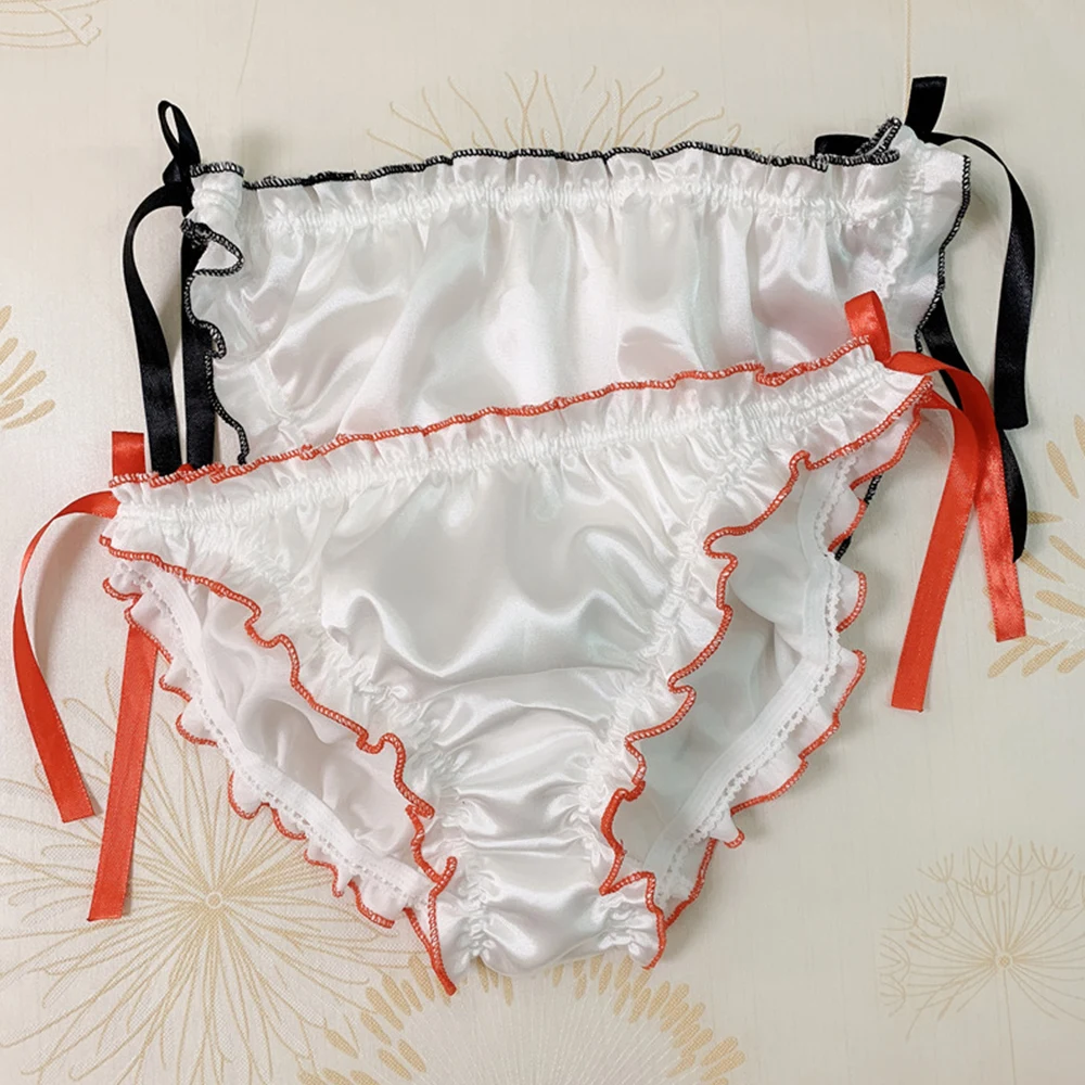 Women Silk Satin G-String Bow Lace-up Briefs Sexy Low Waist  Knickers Breathable Lightweight Briefs Elegant Ruffled Detailing