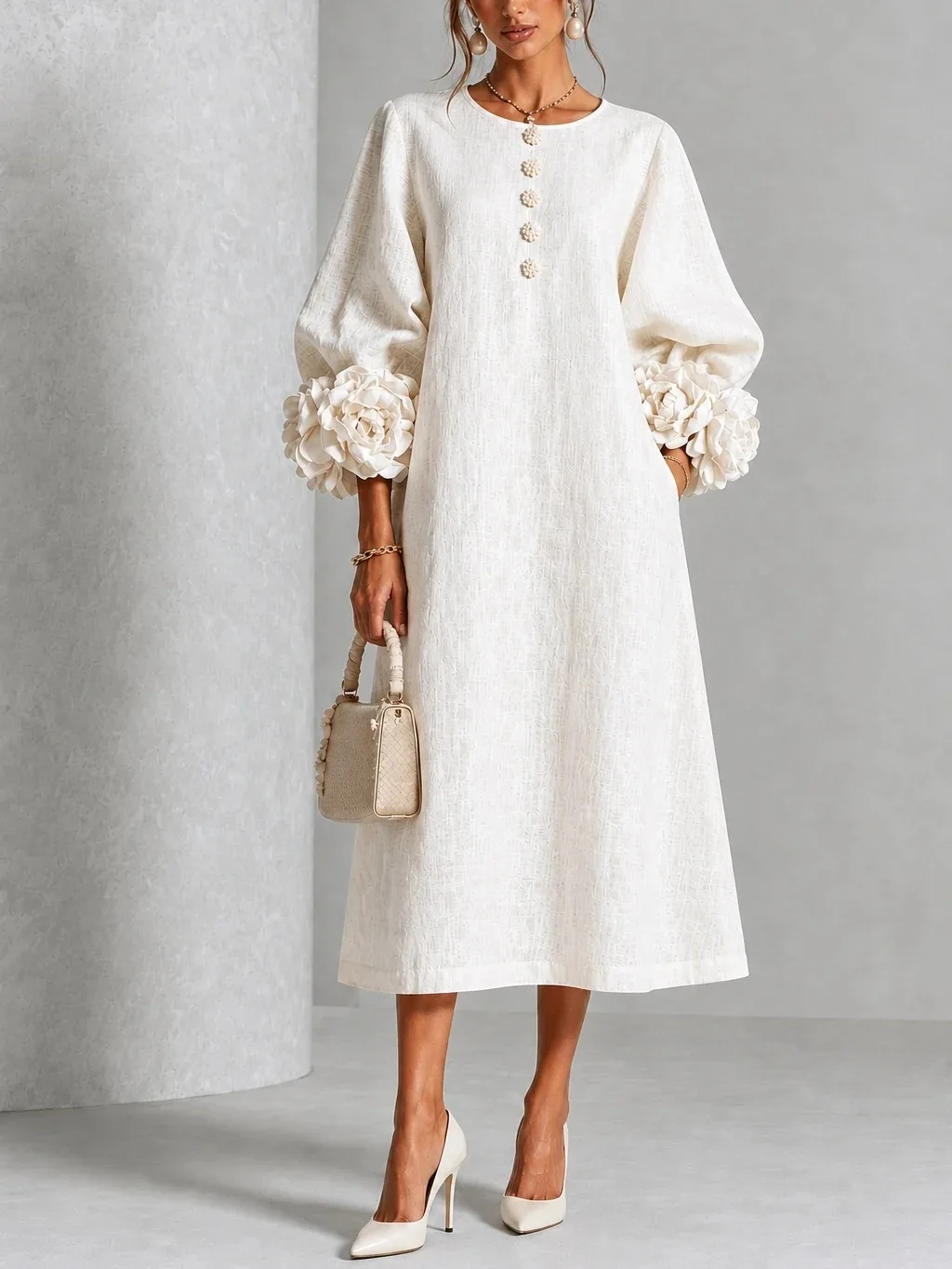 High‑quality Elegant Women Midi Dress Bubble Long Sleeves 3D Floral Cuffs Round Neck Button Decor Loose Party Dress Casual Robe