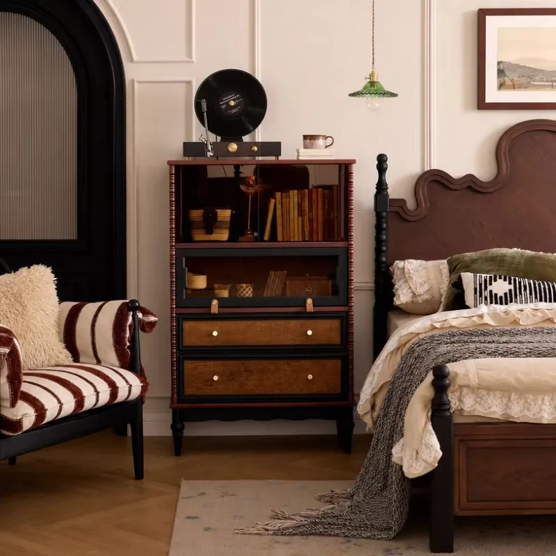 Premium Solid Wood Sideboard Modern Retro Side Cabinet with Walnut Veneer and Dual-Groove Track for Executive Suite Furniture