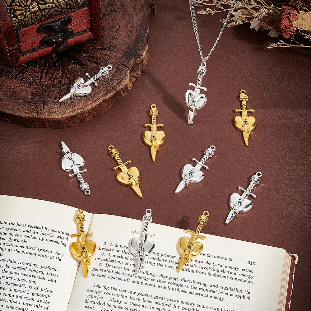 40pcs 2 Colors with Heart Charm Gothic Charm Style Metal Anime Figures Decoration Charm Swords Bookmarks for Jewelry Making