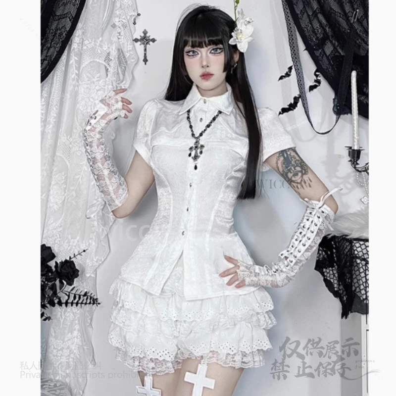 Y2K Jirai Kei Stil Süßes Kurzarmshirt Top Weiße Spitzenbluse Puffy Rock Mädchen Set Top Kleid Damen Outfits Halloween Neu