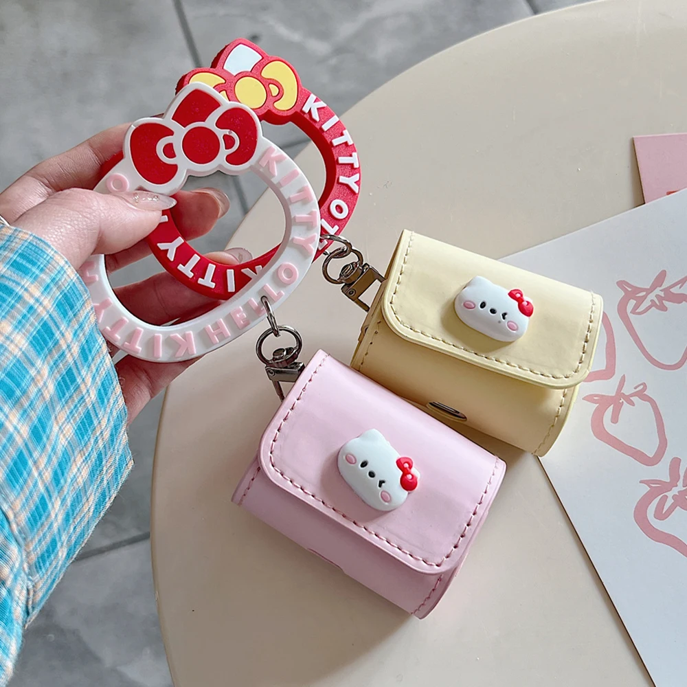 Leather Flip Earphone Protection Case For Airpods 4 3 Pro 2 1 Pro2 Cute Hanging Hello Kitty Pendant Wireless Headphone Cover